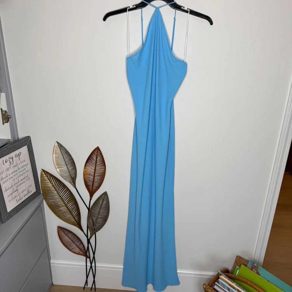 D1 Amanda Uprichard Blue Halter Maxi Dress Low Back Formal Gown Medium - Picture 2 of 11